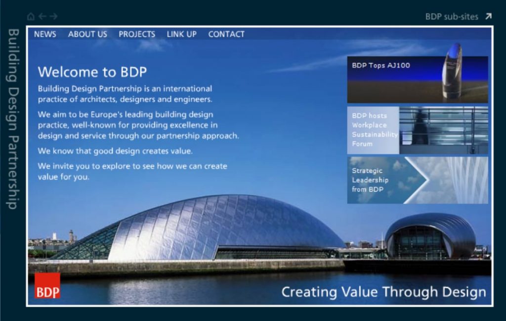 BDP website from around 2004. Large format image of the Glasgow Science Centre with introductory text plus three news items, and a navigation menu.
